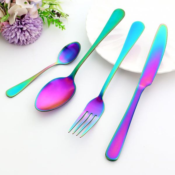 

flatware sets rainbow tableware stainless steel cutlery creative design fork coffee spoon knife dinnerware kitchen dinner set