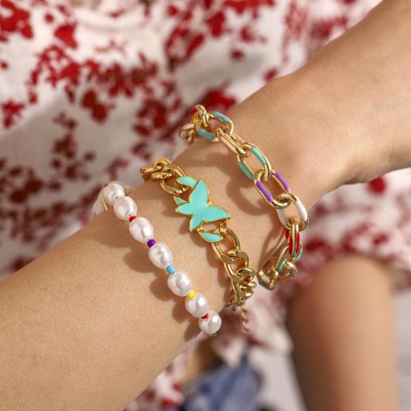 

beaded, strands fashion three-layer rainbow dripping oil butterfly cross aluminum chain pearl bracelet personality hip hop exaggerated hand, Black