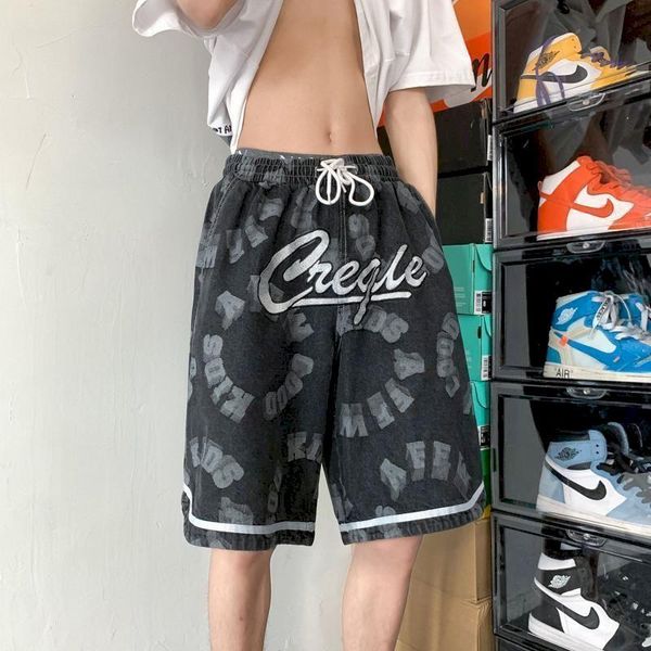 

men's shorts denim men oversized basketball pants summer elastic high waist wide-leg casual all-match streetwear chic bottoms trendy, White;black