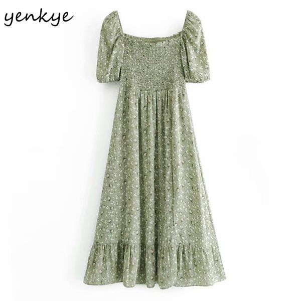 

vintage floral print prairie chic women dress square neck hem slits a-line midi vestido summer chiffon 210430, Black;gray