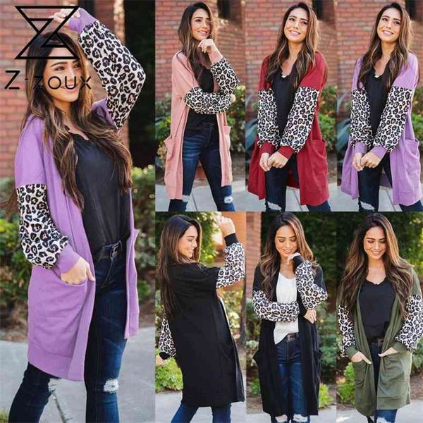 

women sweater leopard patchwork cardigan knit loose long ladies all match coat autumn winter 210513, White;black