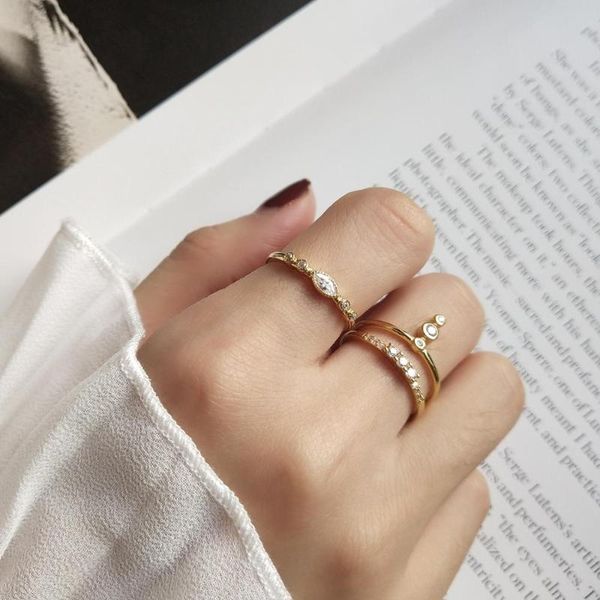 

925 sterling silver ring fashion zircon drop double-headed needle opening adjustable ring trend female girls silver hand jewelry, Golden;silver