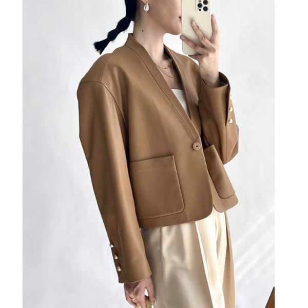 

women's leather & faux 2021 autumn and winter jacket female sheep v-neck, Black