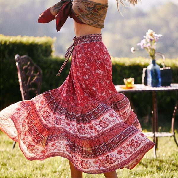 

skirts retro floral paisley print elastic waist casual women boho beach skirt faldas mujer moda summer skirts f8kq, Black