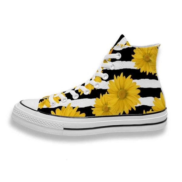

custom printed daisy on black white zebra stripe sneakers high mens womens running shoes skateboard diy trainers canvas casual shoe