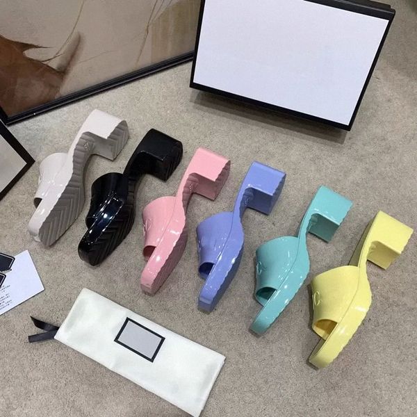 

designer beach slippers summer women shoes coarser heel flops 100% patent leather lady half slipper metal luxury high heeled sanda3560019, Black