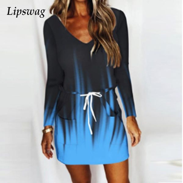 

casual dresses autumn fashion v-neck party dress lady women elegant drawstring pocke long sleeve gradient print mini, Black;gray
