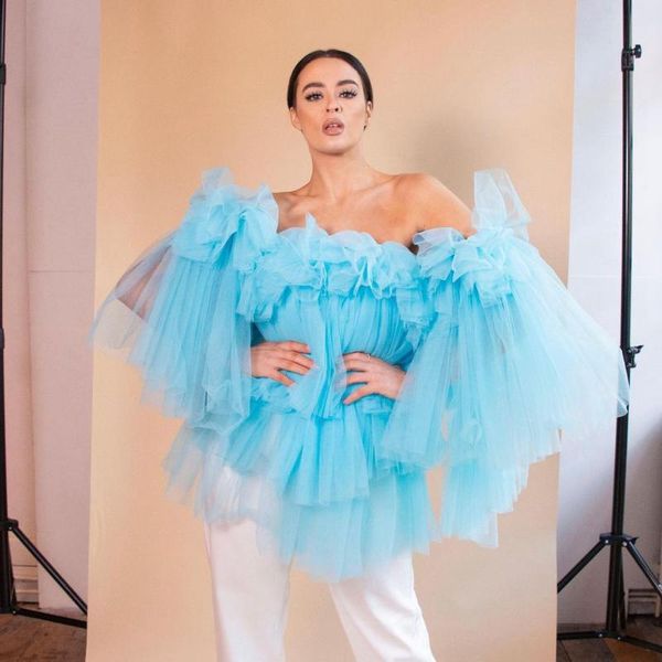 

women's t-shirt sky blue fashion women shirt tulle ruffles off-the-shoulder flower shirts custom made plus size, White