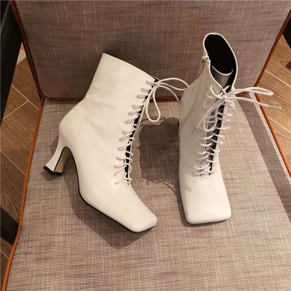 

boots 2021 fashion women lace up square toe zipper autumn winter ladies ankle female, Black