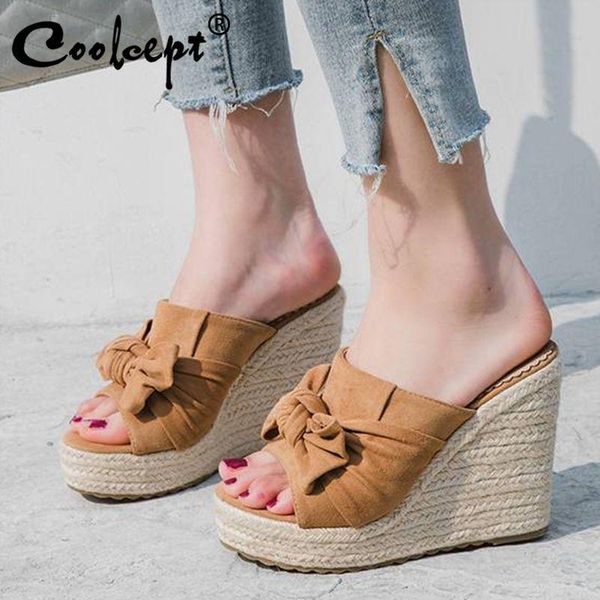 

coolcept women sandals open toe solid color bowtie wedges shoes for simple casual outdoor daily mujer slippers size 34-43, Black