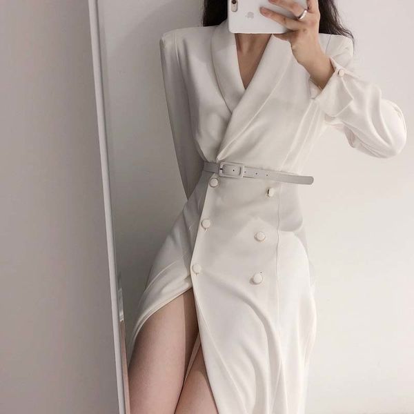 

elegant double with belt suit lapel long waist thin female dress, Black;gray