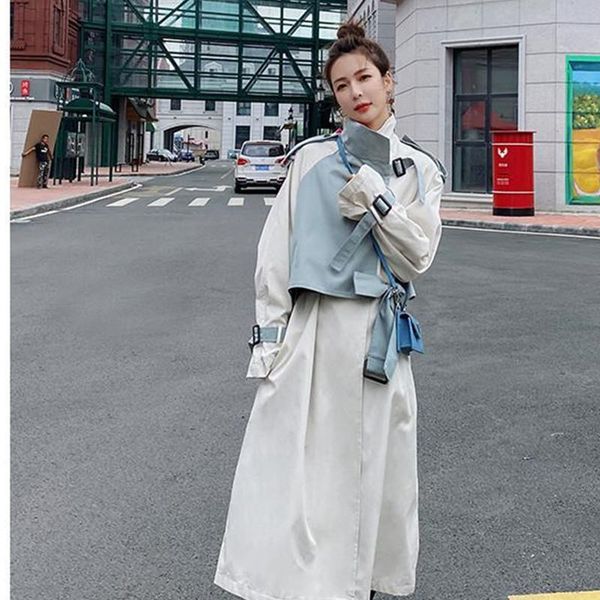 

women's trench coats windbreaker spring autumn loose long cloak casual ladies jacket big size beige blue stitching quality coat female, Tan;black