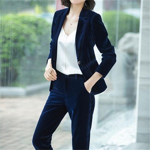 

women's two piece pants autumn and winter fashion gold velvet suit temperament slim ol handsome high-end sets al181202, White