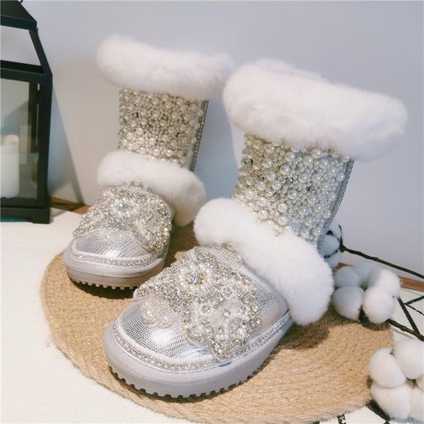 

boots winter women's customized luxury beaded rhinestone snow fashion mid-tube fur integrated warm, Black