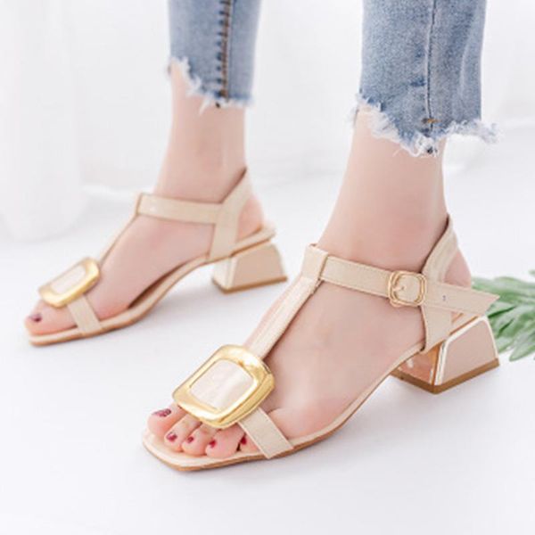 

summer woman sandals square toe shoes women's female t-buckle strap ladies heel women fashion comfortbale footwear plus size, Black