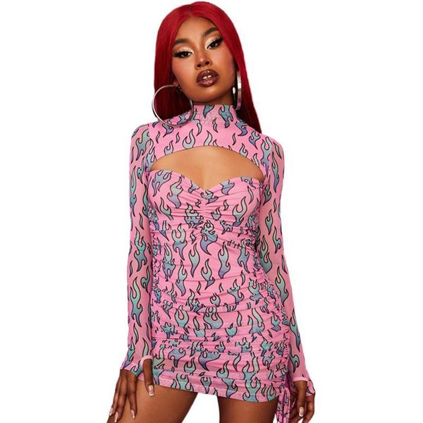 

fire printed hollow out crew neck bodycon mini dress basic women spring party pink clubwear autumn woman 2021 dresses casual, Black;gray