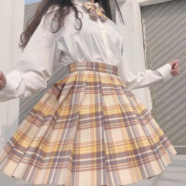 

clothing sets [kerria japonica] girl's autumn high waist pleated skirts plaid women dress for jk school uniform students clothes, White
