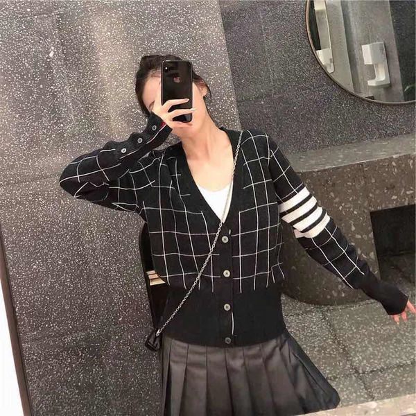 

men's and women's tb plaid knitted cardigan autumn winter temperament fashion versatile slim contrast color long sleeve sweater co, White;black