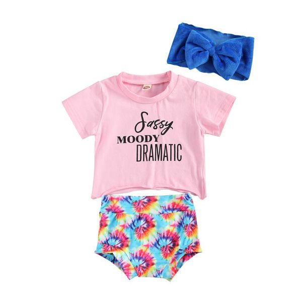 

clothing sets 2021 0-24m cute girl summer 3pcs set letter print short sleeve shirt tie dyed shorts bow hair band for infants, White