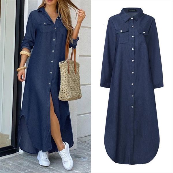 

zanzea casual denim shirt women dress autumn maxi vestidos side fork party robe solid vintage oversize 5xl, Black;gray