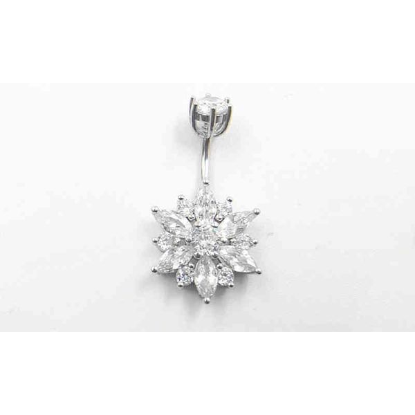 

belly button ring real 925 sterling women flower zircon clear stones jewelry pure silver body piercing