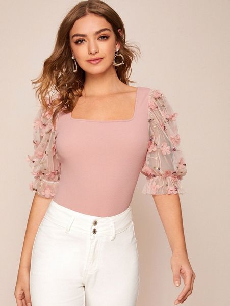 

square neck appliques mesh sleeve l2ym#, White