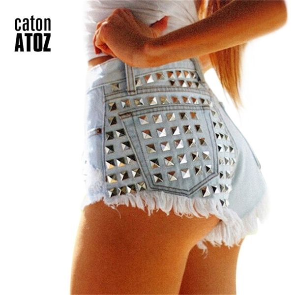 

catonatoz 1805 women's fashion brand vintage tassel rivet ripped loose high waisted short jeans punk woman denim shorts 210324, White;black