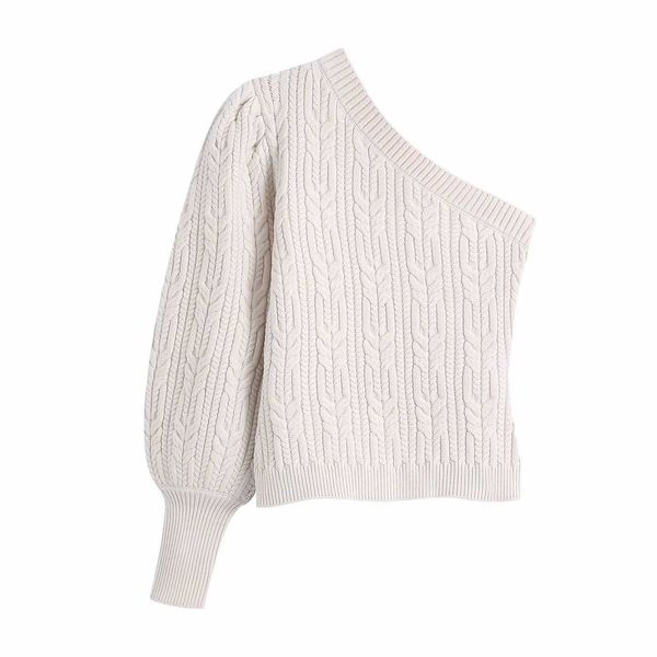 

women asymmetric knit sweater puff sleeves casual fashion chic lady woman knitted sweater pullover 210709, White;black