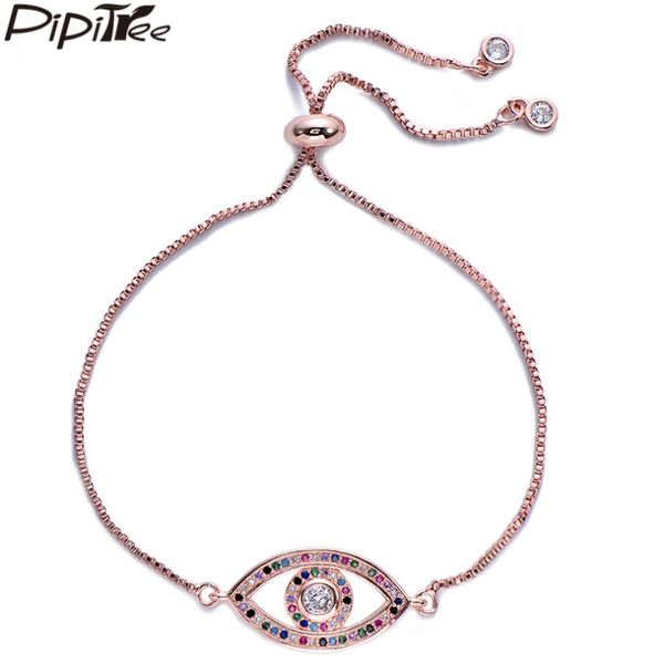 

charm bracelets pipitree fashion colorful cz zircon stones evil eye bracelet for women adjustable chain trendy jewlery wristband, Golden;silver
