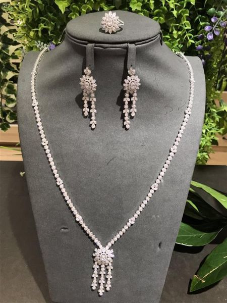

earrings & necklace janekelly 4pcs bridal zirconia full jewelry sets for women party, luxury dubai nigeria cz crystal wedding, Silver