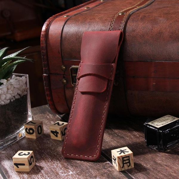 

pencil bags handmade genuine leather bag, cowhide case, vintage retro style, creative school stationery