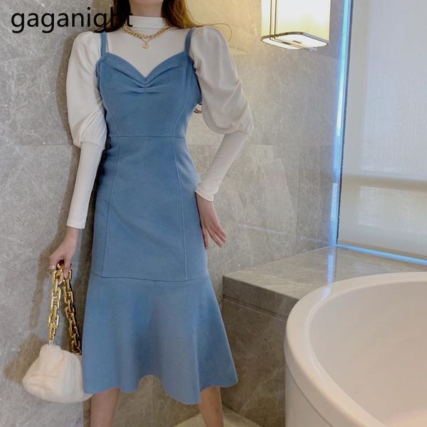 

casual dresses gaganight women dress 2021 autumn french blue woolen waist thin fishtail half-high collar long-sleeved bottoming shirt, Black;gray