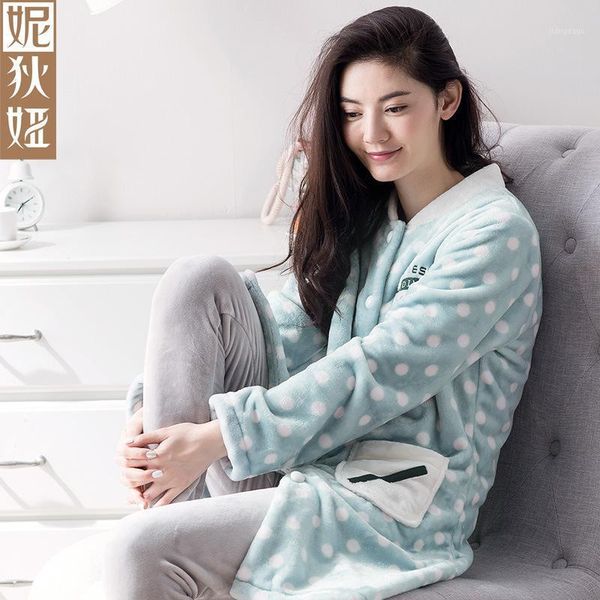 

men's sleepwear korean-style velvet pajamas winter long sleeve flannel thick dotted cardigan tracksuit set for women apparel, Black;brown