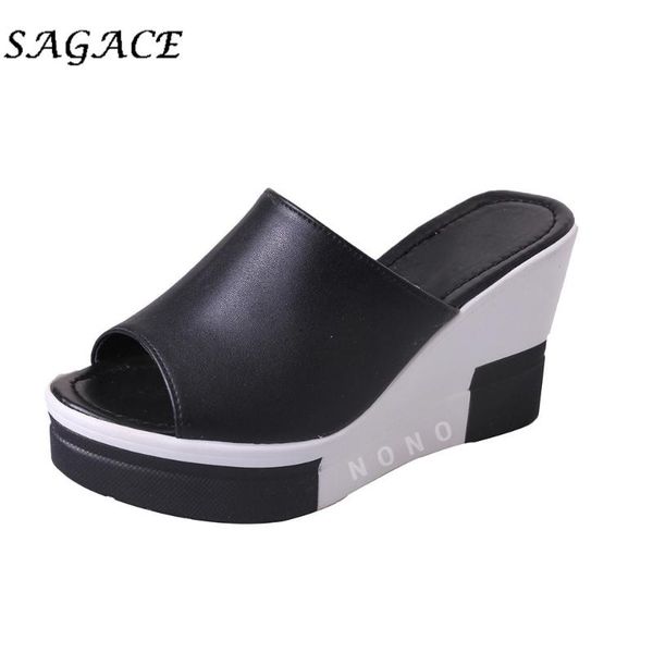 

dress shoes sagace platform slippers ladies sandals wedge leather high heel open toe rubber beach summer casual, Black