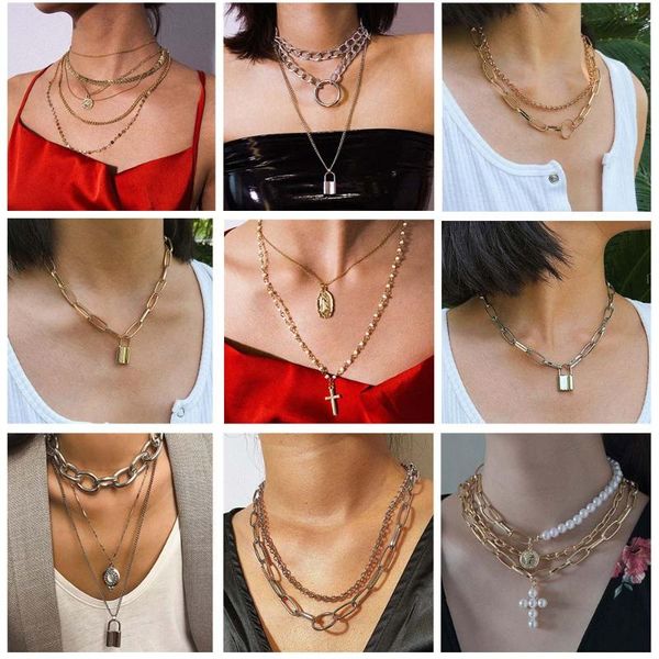 

pendant necklaces vivilady punk style multilayer chain alloy women lock cross dangle for female party jewelry, Silver