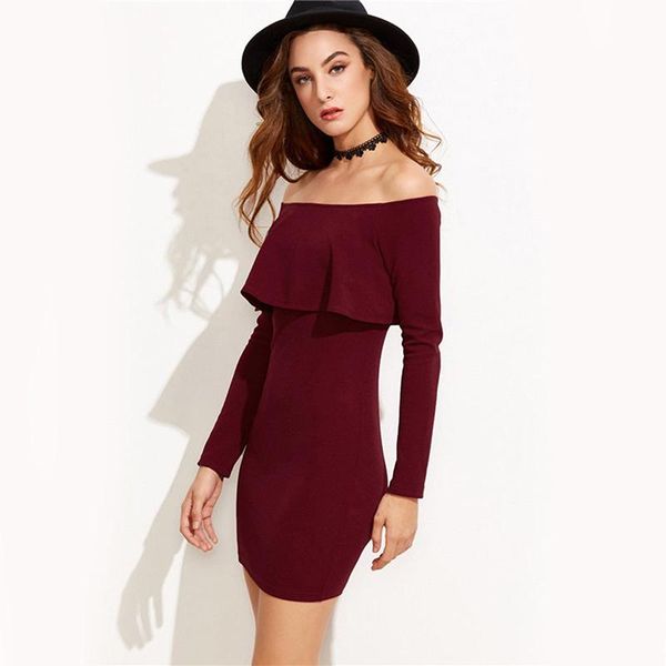 

casual dresses fashion women's autumn long sleeve mini dress party burgundy off shoulder ruffle bodycon, Black;gray