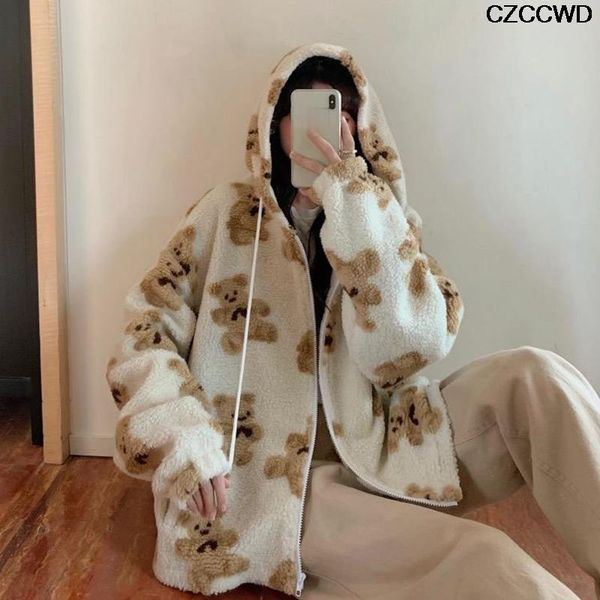 

women's jackets cute white casual cartoon bear lamb wool hooded jacket oversized winter clothes korean coats 2021, Black;brown