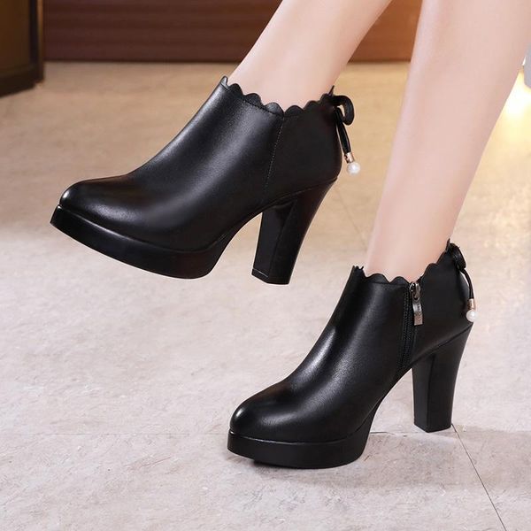 

dress shoes toacek women leather autumn pointed toe platform female pumps casual square high heels ladies single plus size, Black