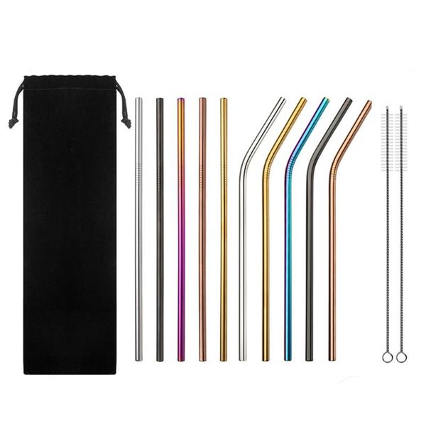 

drinking straws 12pcs set reusable stainless steel with 2 brushes carry bag eco-friendly straw for tumblers beverage coffee mason jar