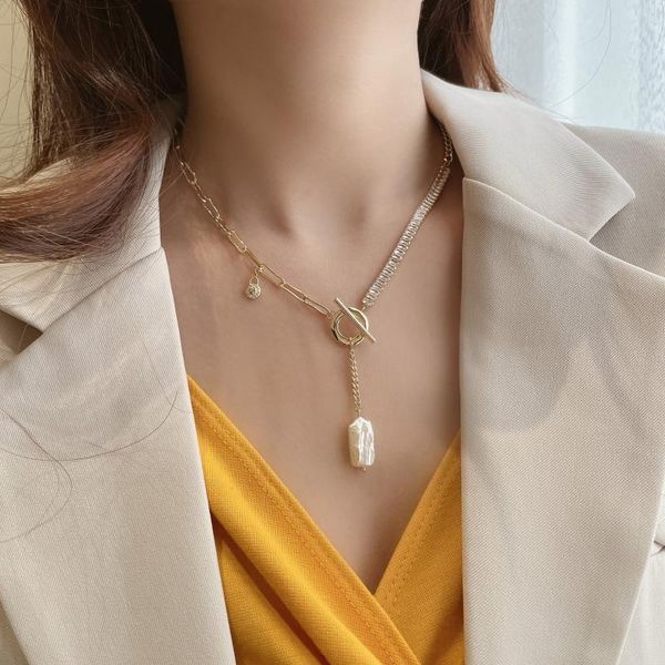 

pendant necklaces fashion personality chain pearl zircon t - shaped necklace temperament design sense, Silver