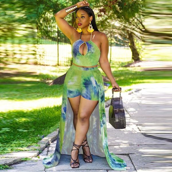 

women's tracksuits gradient tie dyeing print two piece matching set women hollow front backless camisole and culottes short maxi skirt, Gray