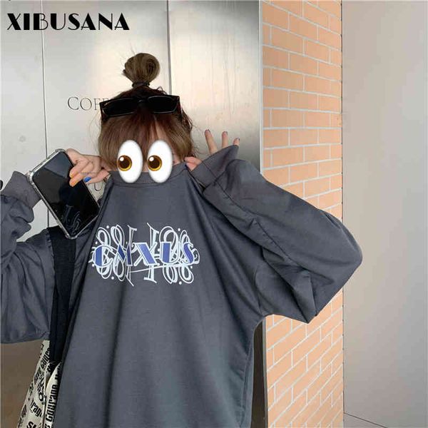 

women's autumn pullovers letter o-neck casual long sleeve cotton liner loose harajuku sweatshirts female 210423, Black