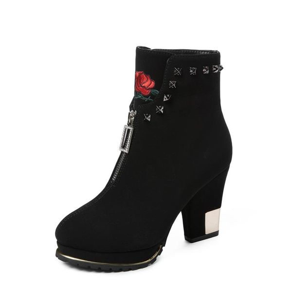 

boots ankle for women winter warm plush fashion embroider short ladies high heels round toe casual shoes zip mujer, Black