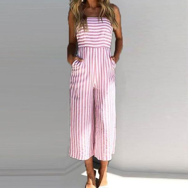 

women's jumpsuits & rompers jumpsuit for women 2021 simplicity ladies stripe korean version leisure printing sleeveless long playsuits, Black;white