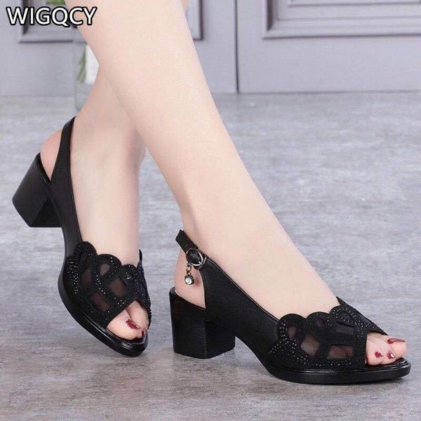 

fashion women casual sandal 2021 summer middle-aged style comfortable mesh fish mouth thick heel mid hollow soft bottom sandals, Black