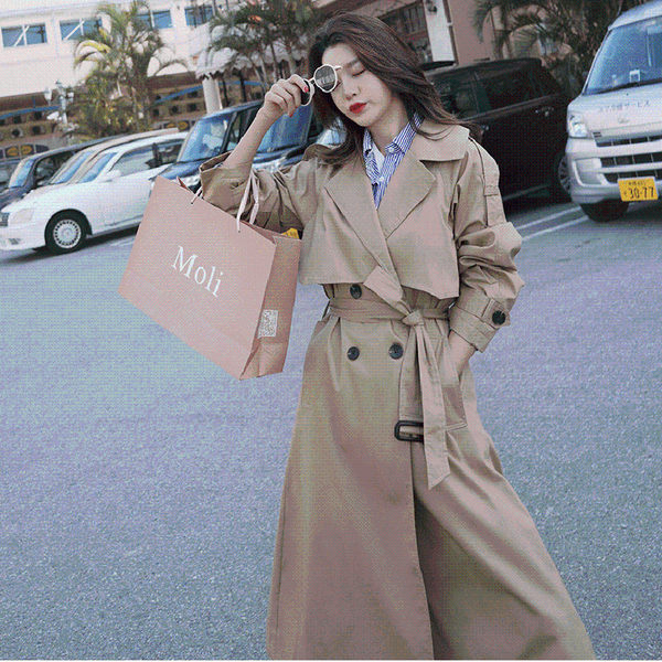 

women's trench coats woman long coat double breasted lapel khaki, Tan;black