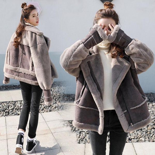 

luck a women coats jacket motorcycle clothes female vintage winter lamb hair thickening short korean outwear women's jackets, Black;brown