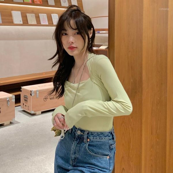 

women's t-shirt autumn solid color korean style slim fit slimming long, White