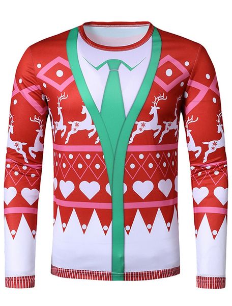 

men's christmas 3d printing t-shirt long sleeve fashion christmas tree elk love print pattern party streetwear round neck high quality, White;black