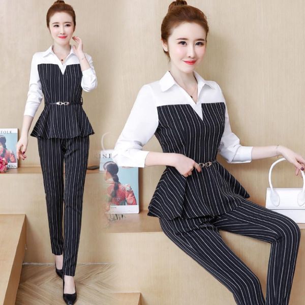 

two piece dress women formal striped set suit plus size spring autumn fashion patchwork tunic fake and pants sets, White